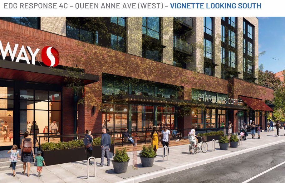 Nice little deck for Starbucks. The gray pads around the trees are Flexipave. Developer apologizes about bike racks, says they are required by SDOT.