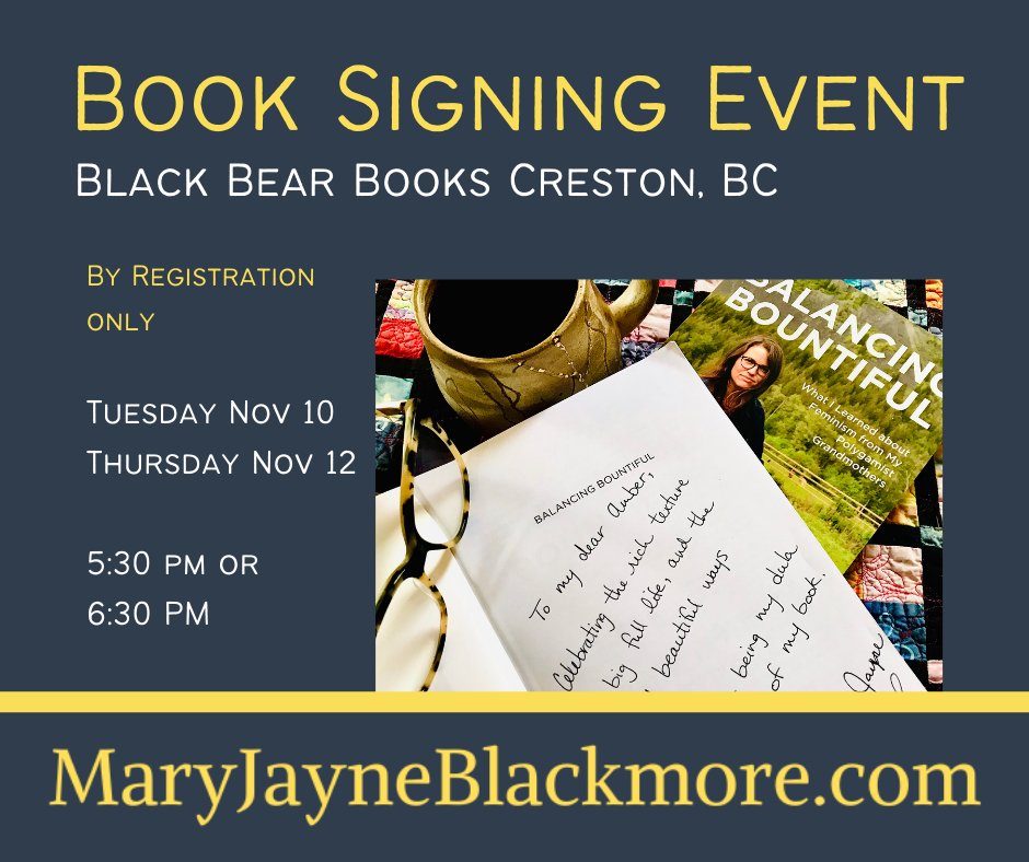 caitlinpress's tweet photo. Mary Jayne Blackmore will be holding events Nov.10&12 to sign copies of #balancingbountiful. Get your copy signed in Creston at Black Bear Books.
📚Registration required. 4 time slots available.
📚Details: https://t.co/dG0eUmj6MD https://t.co/NLuRbOLiaC