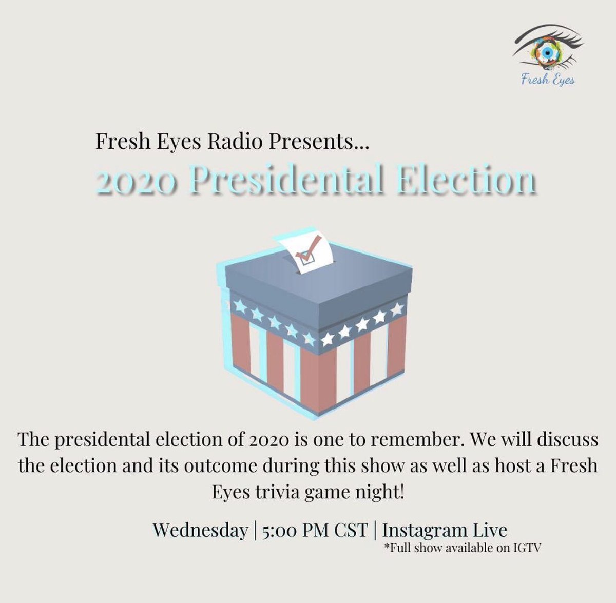 FreshEyesRadio's tweet photo. Hey guys we are back for another show this week 🥳. Tune in this Wednesday at 5pm CST ⏰ on our IG live to hear us discuss the 2020 election as if was definitely an unforgettable one 🗳!! #muslim #election2020 #fresheyesradio #depauluniversity https://t.co/aiFcH6zCvB