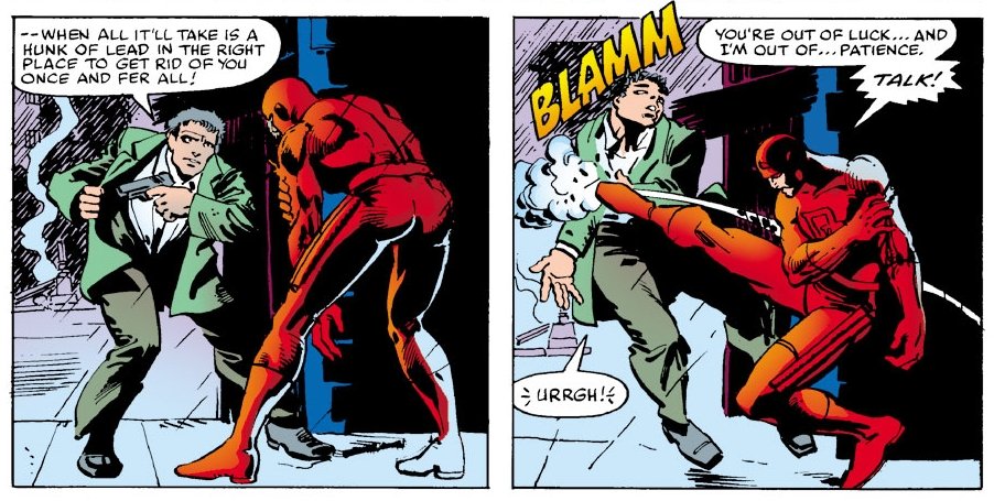 Miller continued the title in a similar vein to McKenzie. Resuming the drastic metamorphosis the previous writer had begun, Miller took the step of essentially ignoring all of Daredevil's continuity prior to his run on the series;