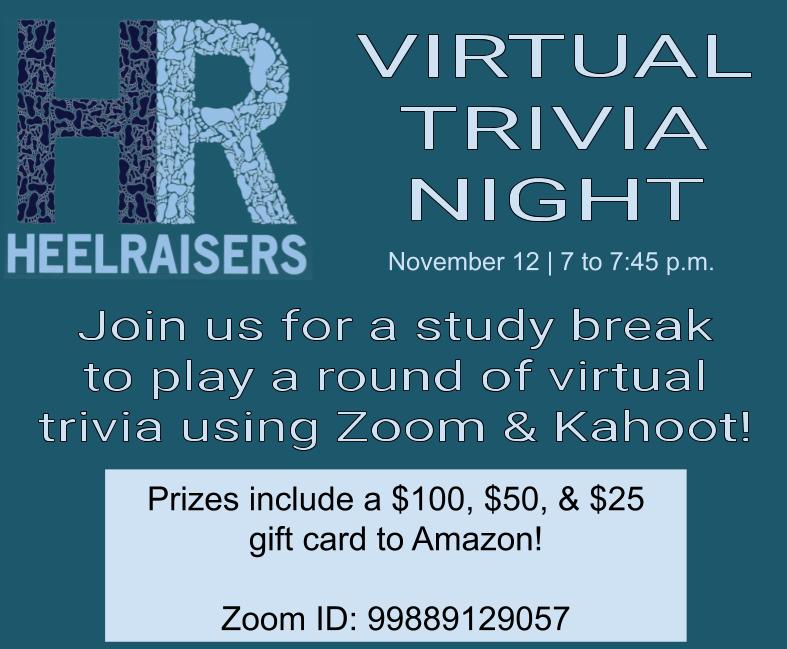 Want to win an Amazon gift card? Join us this Thursday for our first ever trivia night! We will be giving away $100, $50, and $25 Amazon gift cards to the top three winners! Zoom link: unc.zoom.us/j/99889129057