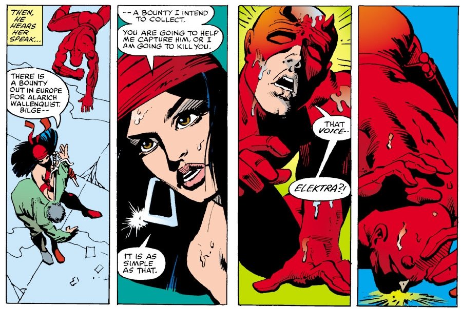 Issue #168 saw the first full appearance of the ninja mercenary Elektra, although her first cover appearance was four months earlier on Miller's cover of The Comics Journal #58.