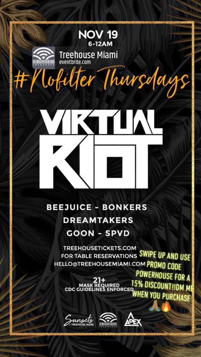 king_uchiha54's tweet photo. South Florida! VIRTUAL RIOT is coming to throwdown at treehouse w/ support by SPVD, Bonkers, Goon, and more!
Use promo code powerhouse to save 15%!!!
Ticket link: https://t.co/xondvHmT6m
#PowerhouseMIA #MiamiEvents #TreehouseMiami #VirtualRiot #SPVD #WearYourMask RT RT RT https://t.co/Oxf0Kf0jyi