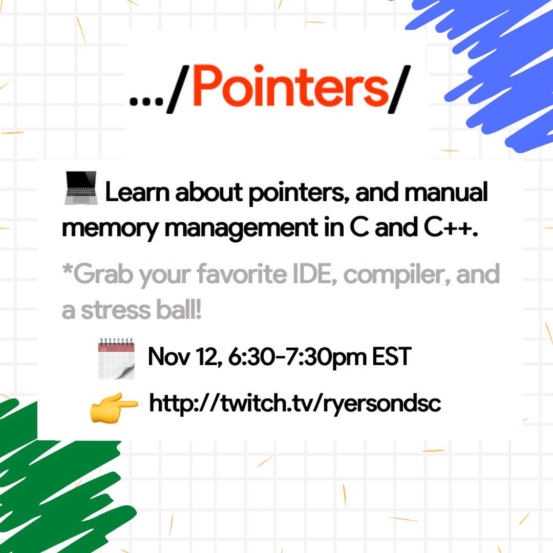 ryersondsc's tweet photo. Join us this Thursday at our pointers workshop! Our amazing tech lead Ahmad will be teaching you everything about pointers, and manual memory management in C and C++. Get ready! Grab your favorite IDE, compiler, and a stress ball 😄

Tune in @ https://t.co/GNIN2FA7ls https://t.co/6NbXWKLy9Q