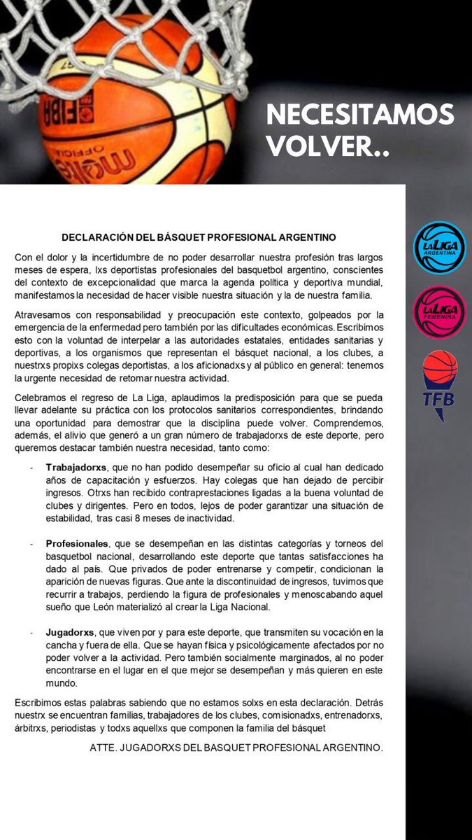 COMUNICADO OFICIAL: La necesidad de volver al básquet que no solo afecta a jugadoras y jugadores, sino tambien a trabajadores, profesionales y familias detras del básquet argentino.

📸 <a href="/lasgigantesok/">Las Gigantes</a> 

-
-

#basquetfemenino #reclamo #basquetboll #LigaArgentina #TorneoFederal