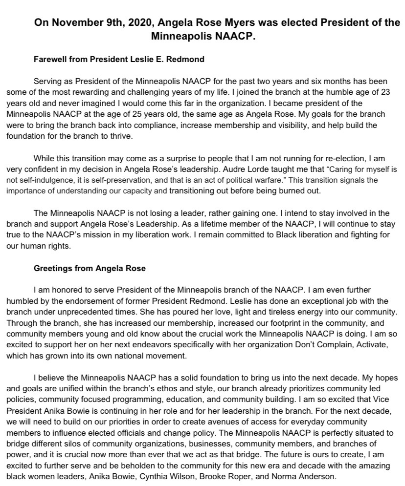 NAACPmpls's tweet photo. On Nov. 9th, 2020, @AngelaRMyerssr was elected President of the Minneapolis NAACP.
Thank you @LeslieERedmond for your continued service and dedication to the branch! https://t.co/mcHKteXatt