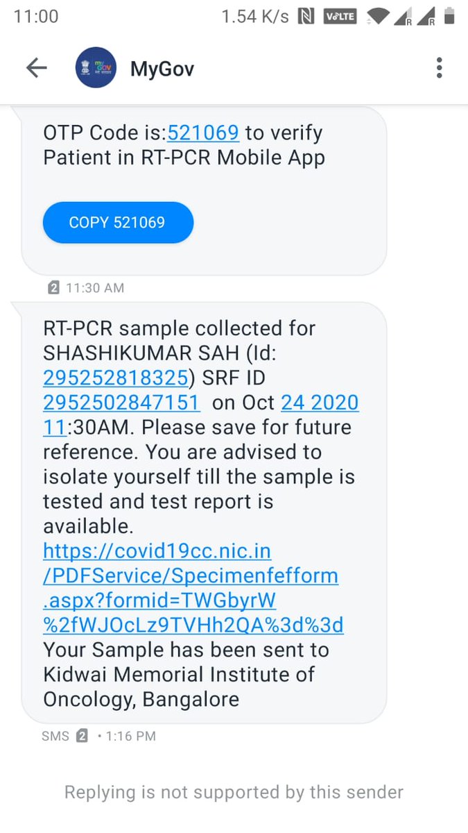 I got myself tested on the 24th of Oct and I received this text message. One of the volunteers who collected my sample told me that if my test is positive BBMP will call me otherwise I will get a text message with results within the next two days.
