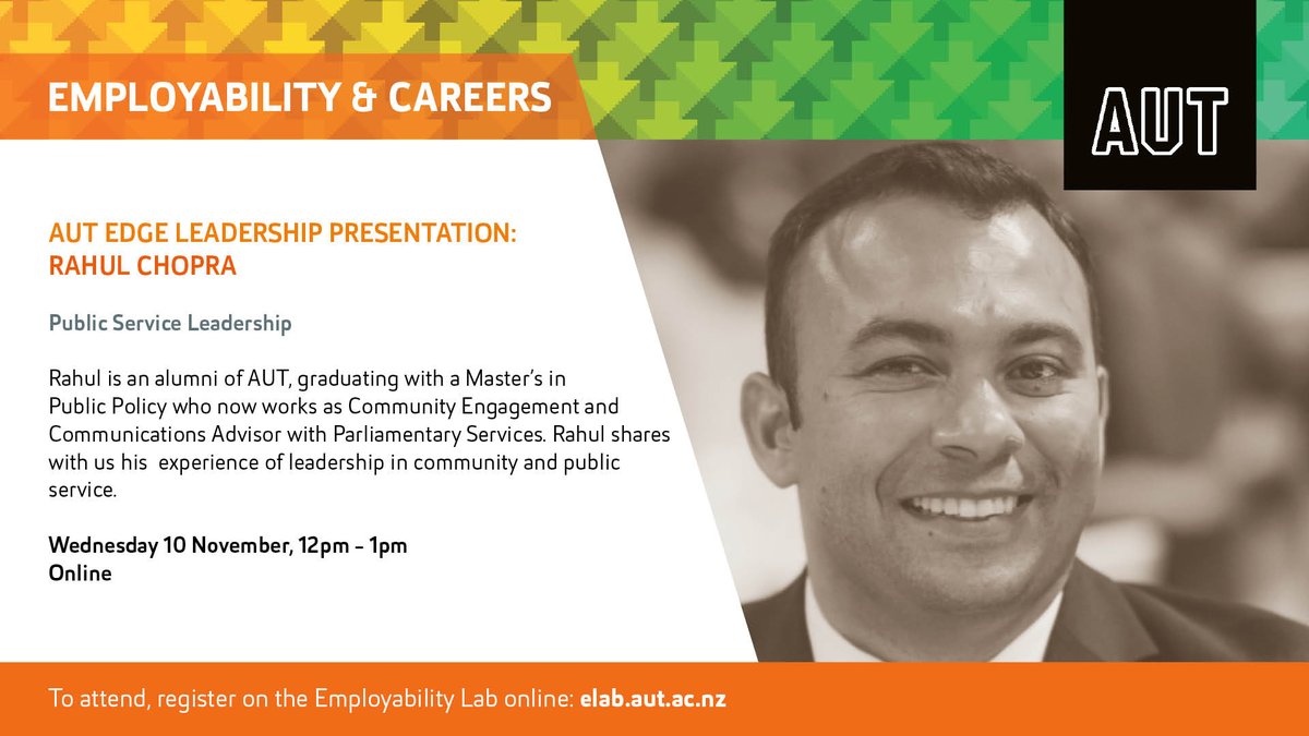 Join us for our last 2020 <a href="/AUTuni/">AUT University</a> Leadership Series for 2020 with alum Rahul Chopra.

He shares his leadership experience in the community and public service sector.

⏰ 12-1pm 
🗓11 November
🖥Online 

BOOK NOW 👉 bit.ly/autleadrahul