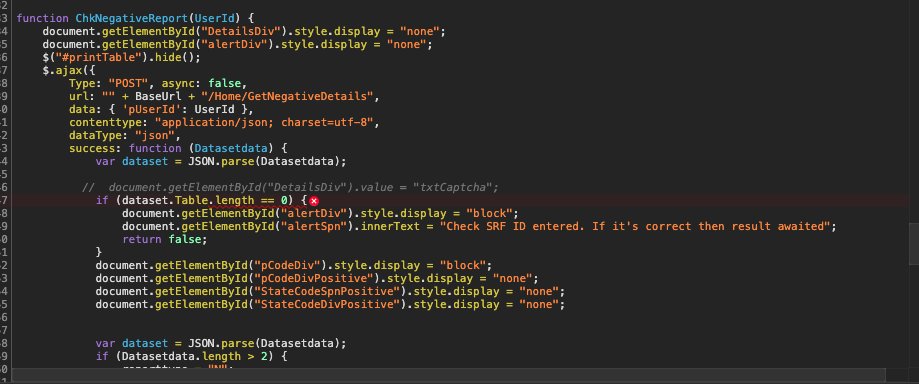 If the result is negative, another request is made to an API with SRF ID as a parameter. Here is the fucked up part. This API is public and it gives out all the personal details that they are not even showing on the website like contact no. Great Job guys!
