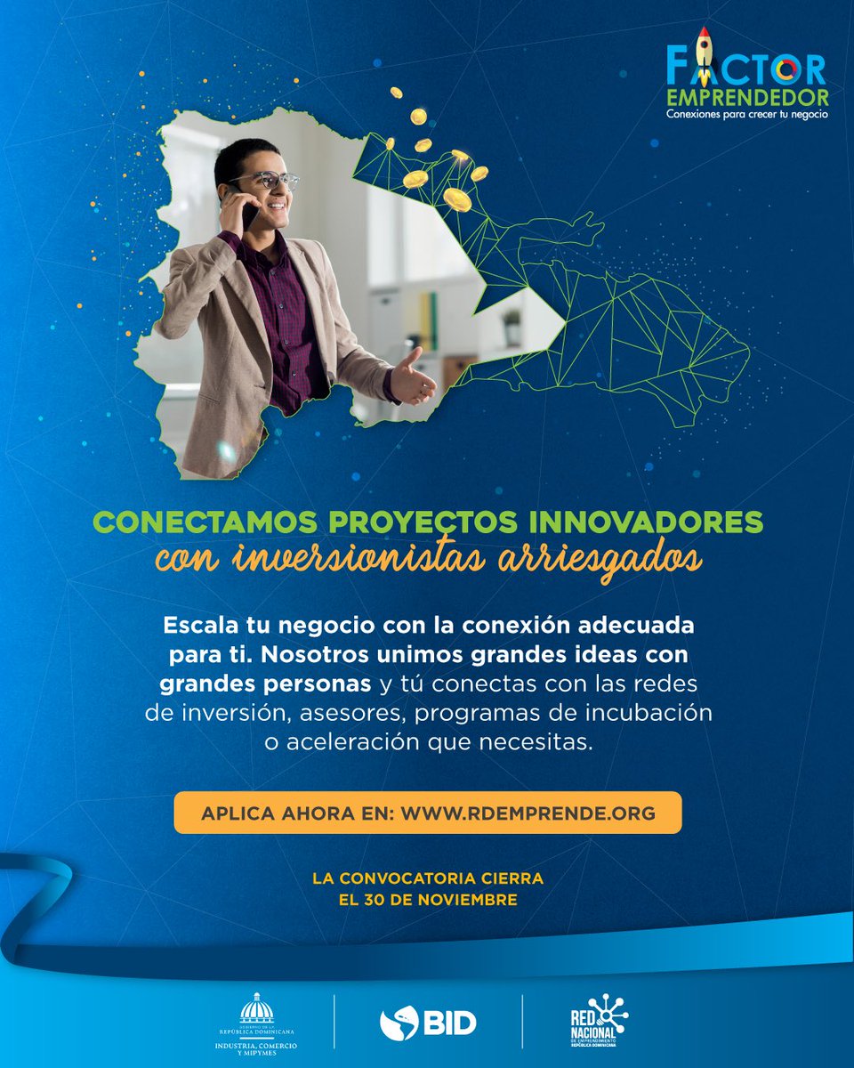 👉Factor Emprendedor es un programa que une ideas de negocios o empresas, con las redes de inversión, asesores, programas de incubación o aceleración que realmente necesitan. 

Si tienes un emprendimiento innovador y un equipo concreto, regístrate aquí: bit.ly/FactorEmprende…