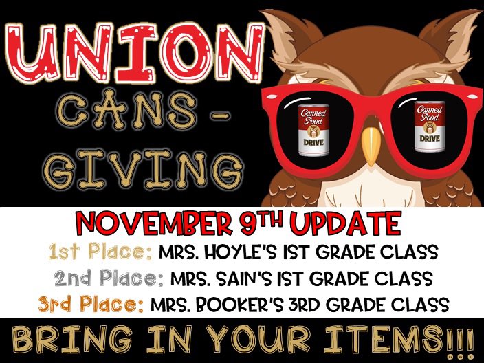 MrsThomasUES's tweet photo. 🥫Cans-Giving update! Mrs. Hoyle’s class is back on top! Remember to bring in your non-perishable items! List of recommended items in the comments. 

🥇1st Place- Mrs. Hoyle’s Class
🥈2nd Place- Mrs. Sain’s Class
🥉3rd Place- Mrs. Booker’s Class https://t.co/SvyImcGoum