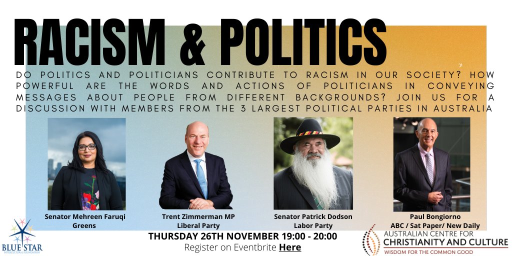 BluestarIC's tweet photo. https://t.co/zmHUikJqTD Very excited to be hosting this online conversation on Racism and Politics with an amazing panel of speakers from #auspol @MehreenFaruqi @SenatorDodson  Trent Zimmerman and @PaulBongiorno , please register! https://t.co/gtJ9RjlPSu
