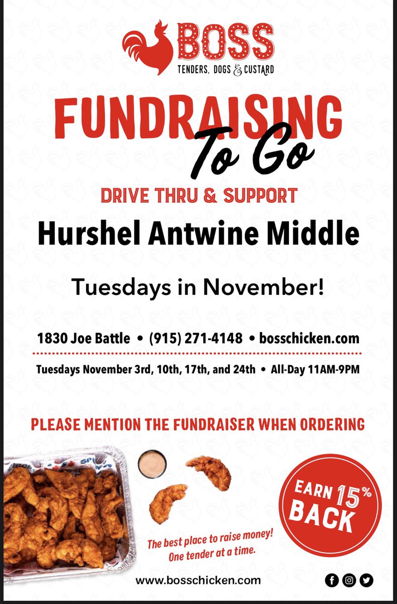 EDAztecs_HS's tweet photo. Cougar Community, don’t forget to Drive Thru and support AMS tomorrow @bosschicken915 on Joe Battle!! Mention our school or show this flyer to earn 15% for our campus! #TeamSISD #PawsUp 🐔🍗 https://t.co/LzihTkqo9O