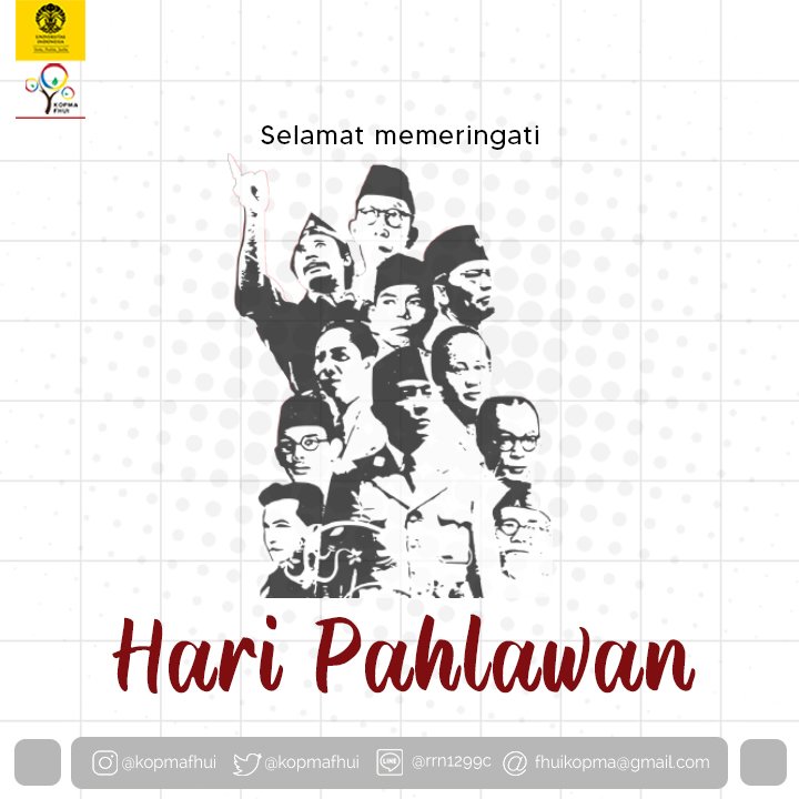 〚 SELAMAT MEMERINGATI HARI PAHLAWAN 〛 

Kami segenap keluarga besar KOPMA FH UI 2020 mengucapkan selamat memeringati hari Pahlawan! 

Bangsa yang Besar adalah Bangsa yang menghormati Jasa Pahlawannya. -Ir. Soekarno