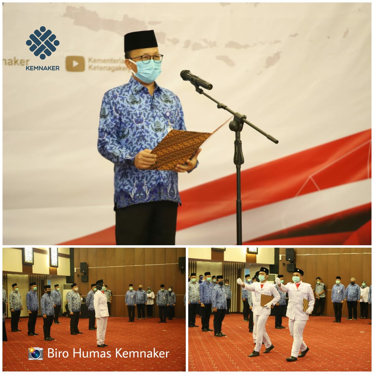 Upacara Bendera dalam rangka Peringatan Hari Pahlawan Tahun 2020 dipimpin oleh Sekjen Kemnaker <a href="/anwsanusi/">Anwar Sanusi</a> dan diikuti oleh pejabat tinggi madya dan pratama Kemnaker (10/11).