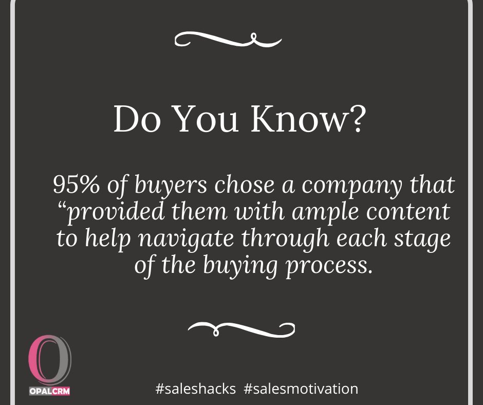 opalcrm's tweet photo. #opal #crm #software
Do You Know ?
95% of buyers chose a company that "provided them with ample content to help navigate through each stage of the buying process. For more details visit https://t.co/jQKLWl3cvu
#opalcrm #crmsoftwaremanagement #CustomerRelationshipManagement #CRM https://t.co/jVyKT3b7s5