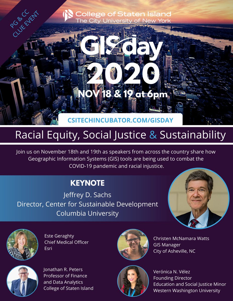 #GISDay is only 9 days away <a href="/csinews/">College of Staten Island</a>
Speakers @JeffDSachs &amp; <a href="/EsteGeraghty/">Este Geraghty</a> will focus on how GIS is being utilized to tackle some of society's most prevalent issues such as #sustainability and #systemicracism. Join us on November 18th &amp;19th.
Register lnkd.in/gb7BNr9