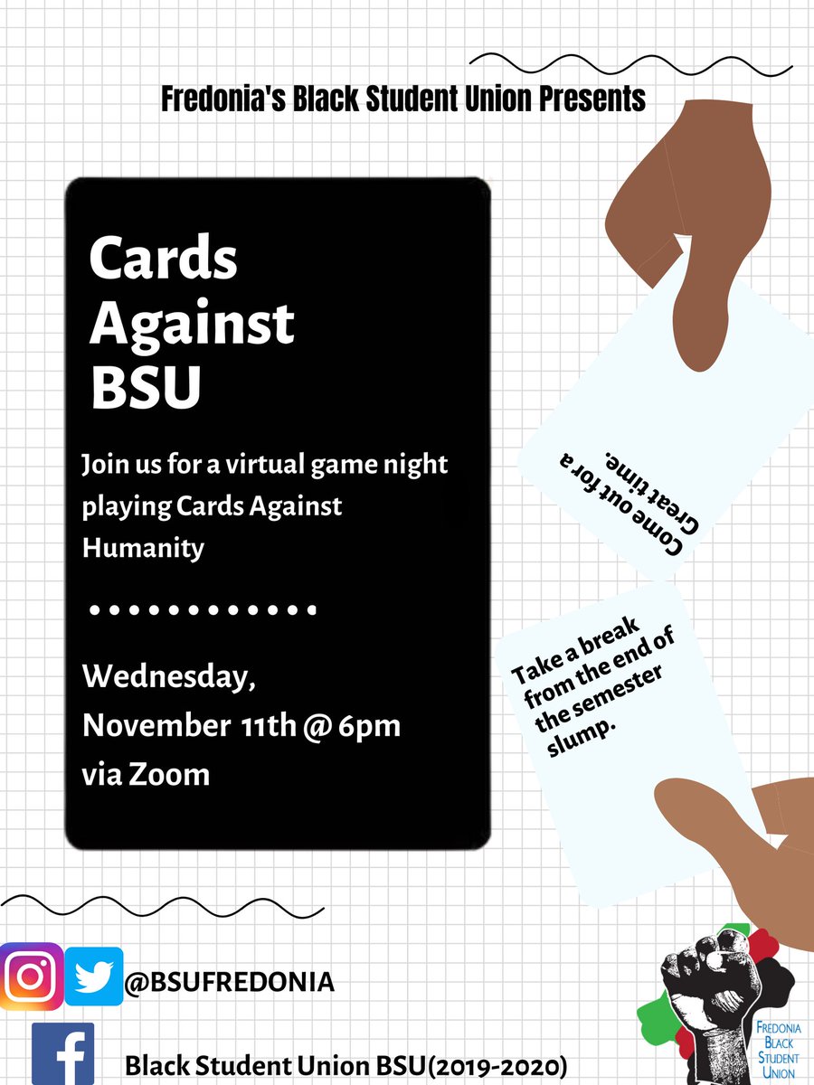 BSUFredonia's tweet photo. Be sure to join us on Wednesday for Cards Against BSU! Tune in via Zoom for a night of fun and relaxation to combat the end of the semester slump. (Meeting Link in our Instagram Bio). https://t.co/Mb0JIbpPbm