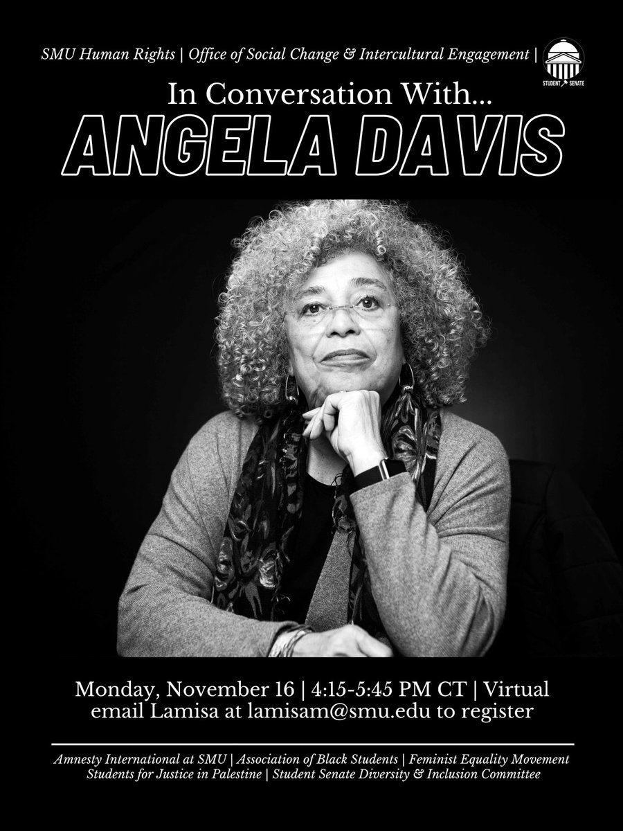 SMUHRP's tweet photo. You read that right! #SMUHumanRights and the Office of Social Change &amp; Intercultural Engagement are deeply honored to host Dr. Angela Davis next week! Join us for this once-in-a-lifetime opportunity to hear Dr. Davis’s insights on a myriad of issues, including Black Lives Matter. https://t.co/AFAWpfDbjG