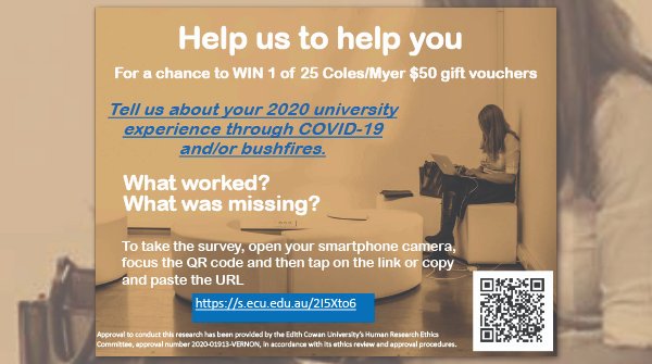 ACSES (@acsesedu) on Twitter photo How was uni 2020? Help us to help you!
NCSEHE-funded research aims to gather information on student experiences through #COVID19 and/or bushfires. What worked? What was missing? s.ecu.edu.au/2I5Xto6 <a href="/EdithCowan/">ECU News</a> <a href="/EdithCowanUni/">Edith Cowan University (ECU)</a> <a href="/LVlynette/">Lynette Vernon</a> <a href="/CathyDrane/">Cathy Drane</a> <a href="/kyausti/">Kylie</a> How was uni 2020? Help us to help you!
NCSEHE-funded research aims to gather information on student experiences through #COVID19 and/or bushfires. What worked? What was missing? s.ecu.edu.au/2I5Xto6 <a href="/EdithCowan/">ECU News</a> <a href="/EdithCowanUni/">Edith Cowan University (ECU)</a> <a href="/LVlynette/">Lynette Vernon</a> <a href="/CathyDrane/">Cathy Drane</a> <a href="/kyausti/">Kylie</a>