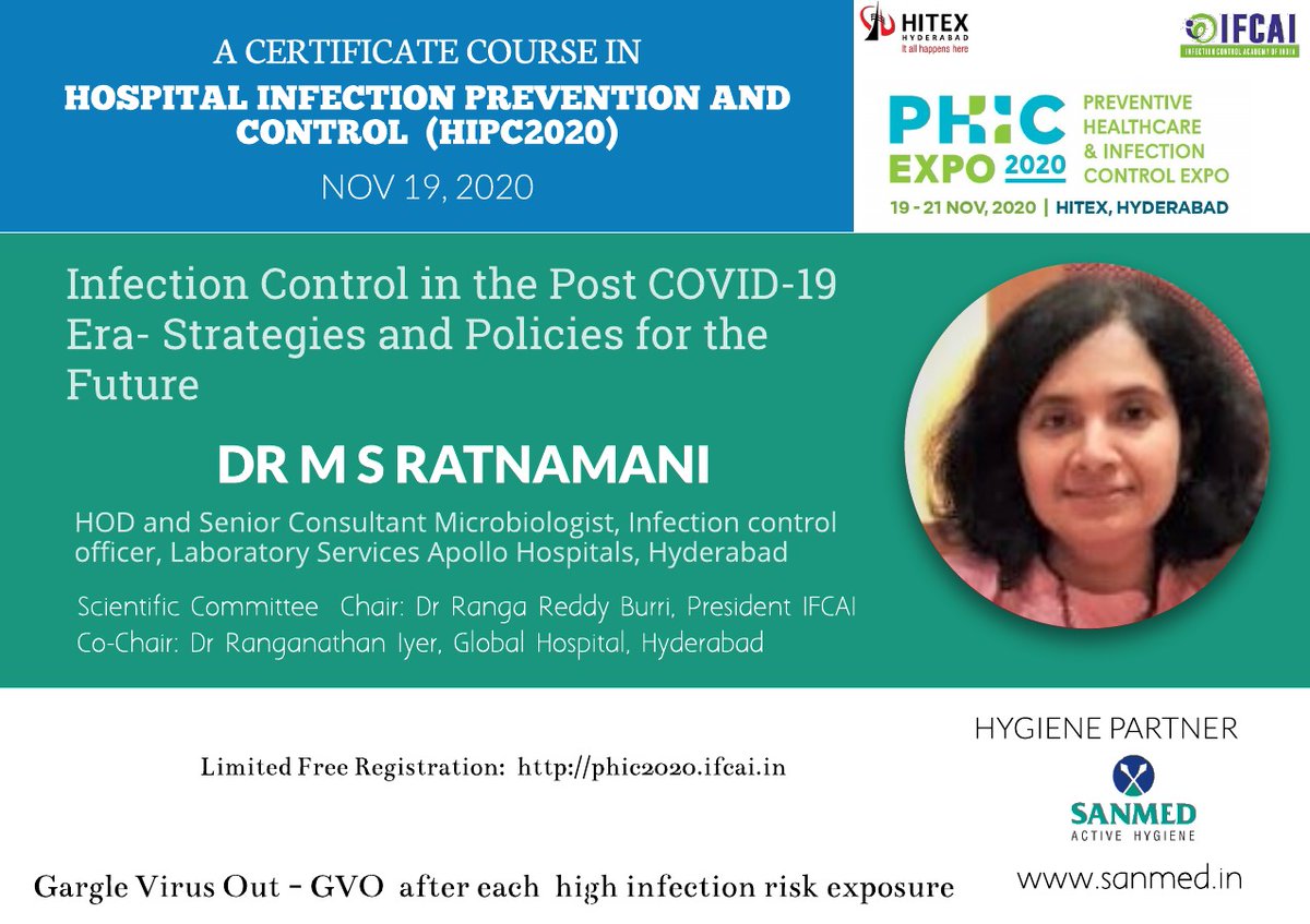 sanmed_health's tweet photo. Free registration for HCPs is open till Nov 15 for PREVENTIVE HEALTHCARE AND INFECTION CONTROL EXPO 2020 & certificate programme on HIPC scheduled on Nov 19-21 at Hitex Hyderabad. Register online at https://t.co/Na1kiJb05v for live streaming access #infectioncontrol #ifcai https://t.co/CTusBmT7pc