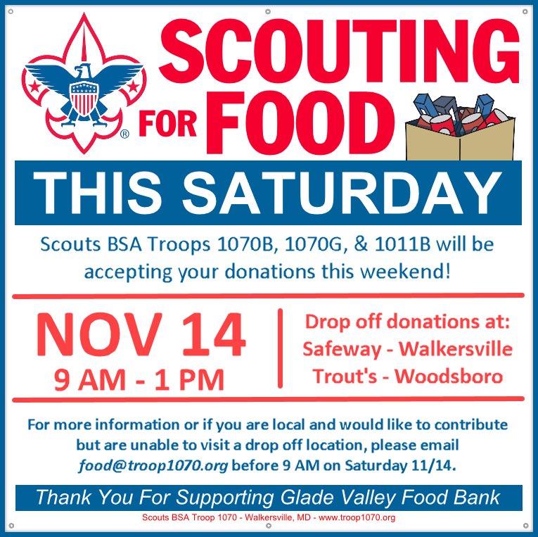 Troop1070's tweet photo. Scouts are usually out Scouting for Food this time of year, but this is no normal year.
Scouts BSA Troops will be out on 11/14 from 9AM-1PM to accept your drop-off donations for the Glade Valley Food Bank:
Walkersville-Safeway Parking Lot
Woodsboro-Trout's Parking Lot
Thank you! https://t.co/jTEyUNix5l