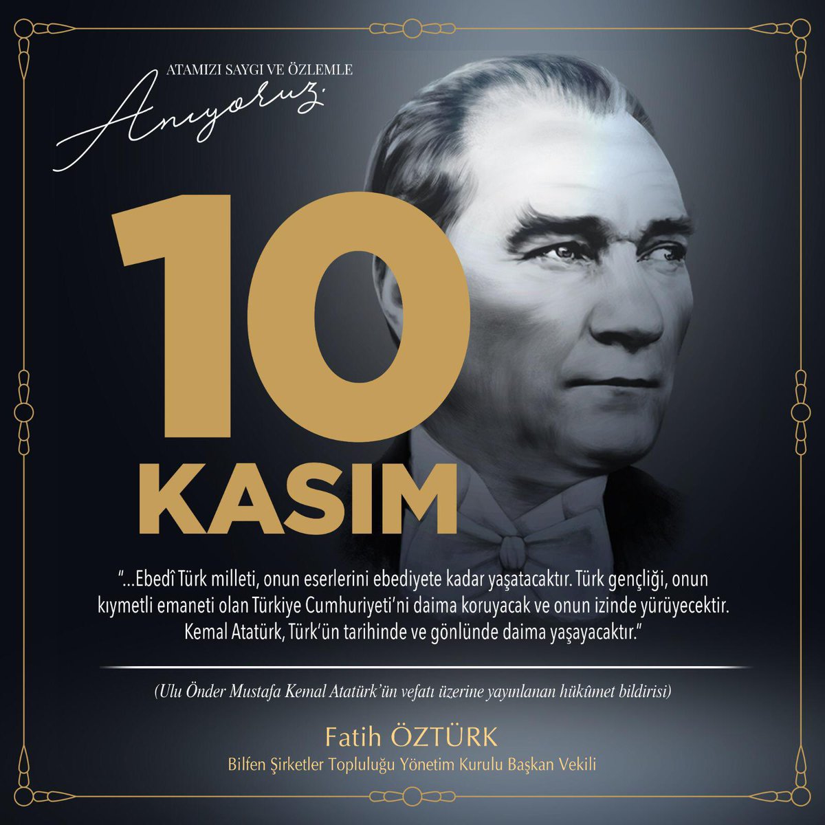 Atamızı Saygı, Minnet ve Özlemle anıyoruz. 🇹🇷 Türkiye Cumhuriyetini ilelebet koruyacak ve Atamızın izinden yürüyecek onbinlerce gencimizi yetiştirmeye devam edeceğiz.