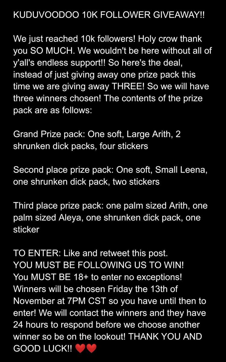 Kudu_Voodoo's tweet photo. IT'S GIVEAWAY TIMEEEEEE!!! 10K FOLLOWERS!??? We are in absolute awe and so humbled. We wouldn't be here without y'all. Read instructions below! We have 3 prize packs we are giving away!!! Like and retweet this post to enter and you must be following us to win! 
#giveaway #sextoy https://t.co/pnomq9i32J