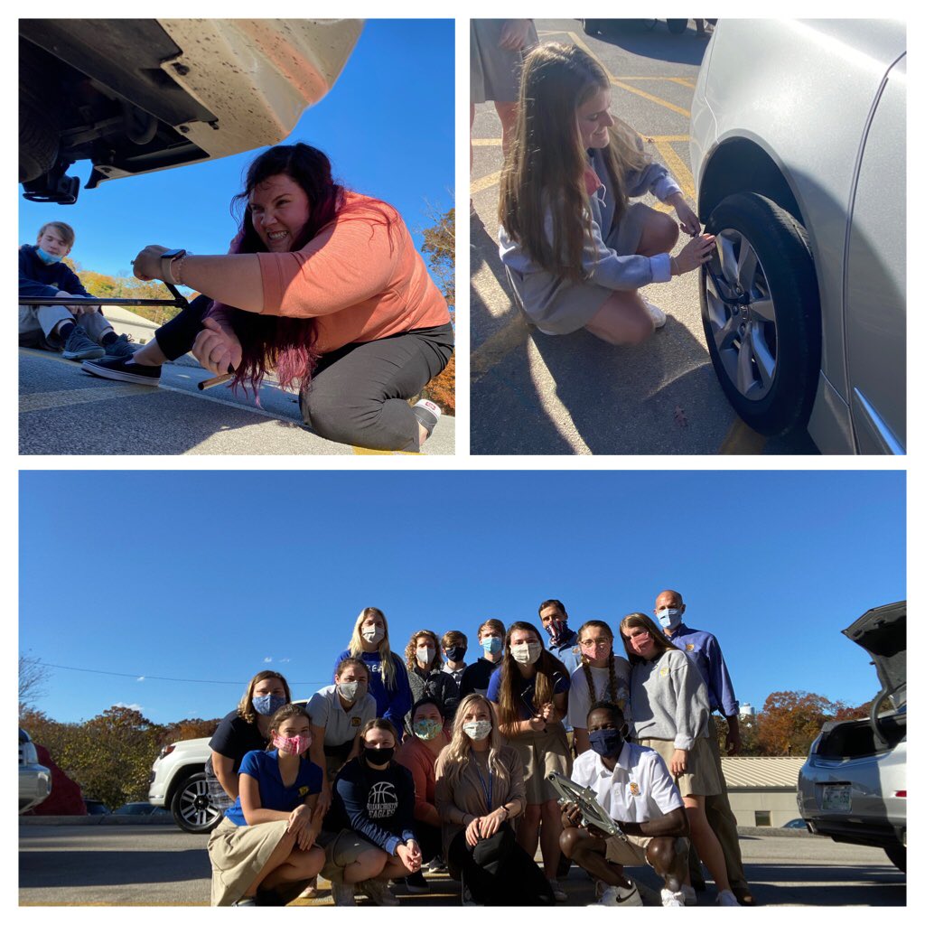 BereanSchool's tweet photo. Not only can our personal finance class balance a checkbook, but they also learned how to change a tire today in class! They compared the cost of paying for a tire change and doing it themselves. Thank you to Mr. Adams, Mr. Little, and Mrs. Spoon for teaching them.#uniquelyberean https://t.co/GxFT3dKh8Y