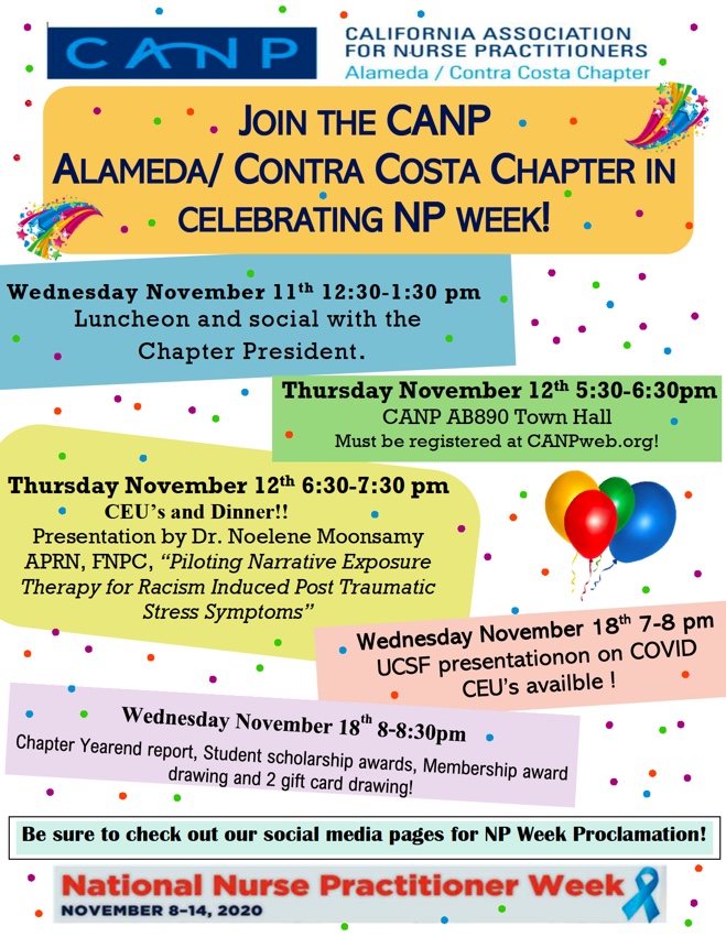 Happy NP Week!! Join Alameda Contra Costa CANP Chapter sponsored events this week (and next) as we celebrate us! Be sure to register for events at CANP events - canpweb.org/chapters/alame… Hope to "see" you soon at our virtual connections! #CANP #NPWeek #NPsLead