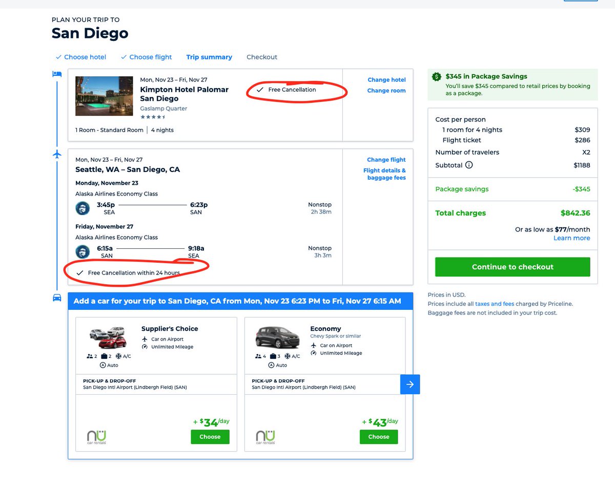 cameron_luck's tweet photo. @priceline has one of the most anti-consumer booking flows I've ever experienced. They highlight 24 hour cancelation throughout the process until you reach the end. Surprise! The car isn't cancelable! This is shown in one line at the end of the flow after highlighting cancelation https://t.co/b5ef7AIA5b