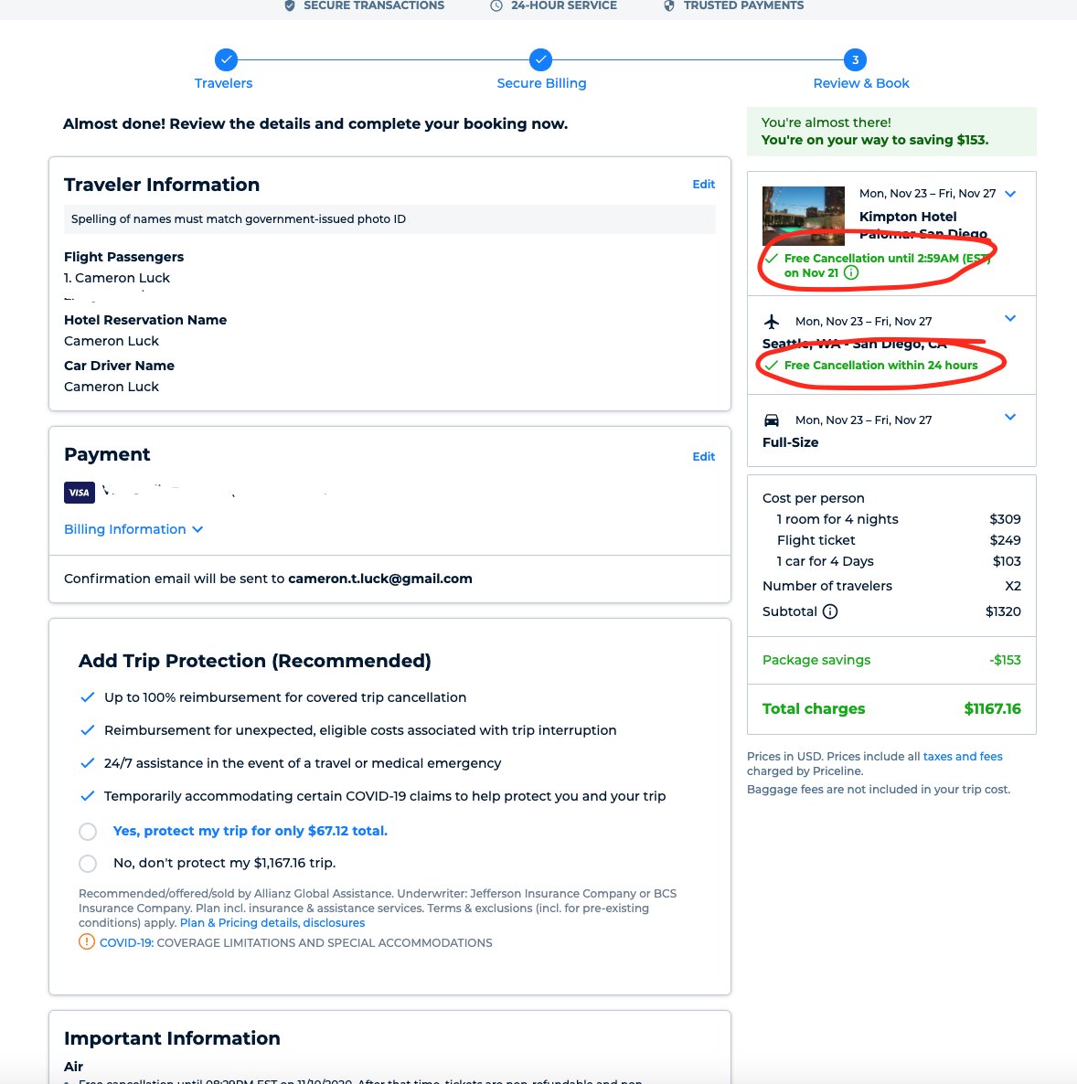 cameron_luck's tweet photo. @priceline has one of the most anti-consumer booking flows I've ever experienced. They highlight 24 hour cancelation throughout the process until you reach the end. Surprise! The car isn't cancelable! This is shown in one line at the end of the flow after highlighting cancelation https://t.co/b5ef7AIA5b