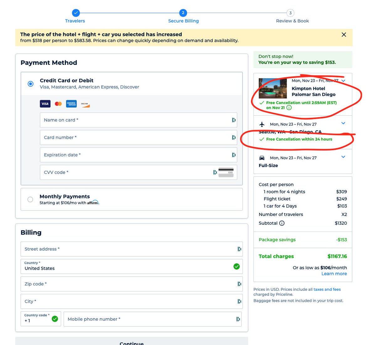 cameron_luck's tweet photo. @priceline has one of the most anti-consumer booking flows I've ever experienced. They highlight 24 hour cancelation throughout the process until you reach the end. Surprise! The car isn't cancelable! This is shown in one line at the end of the flow after highlighting cancelation https://t.co/b5ef7AIA5b