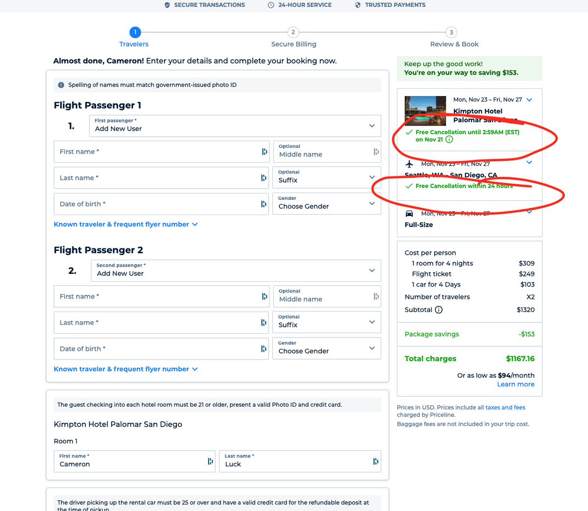cameron_luck's tweet photo. @priceline has one of the most anti-consumer booking flows I've ever experienced. They highlight 24 hour cancelation throughout the process until you reach the end. Surprise! The car isn't cancelable! This is shown in one line at the end of the flow after highlighting cancelation https://t.co/b5ef7AIA5b