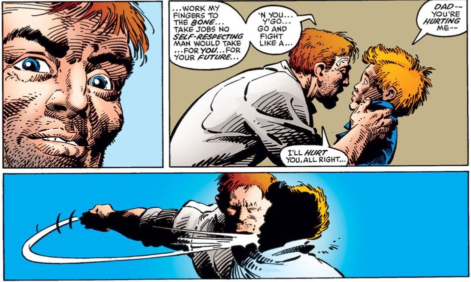 Most prominently, dedicated and loving father Jack Murdock was reimagined as a drunkard who physically abused his son Matt, entirely revising Daredevil's reasons for becoming a lawyer.Daredevil #1911983by Frank Miller (W-P), Terry Austin (I), Lynn Varley (C), Joe Rosen (L)