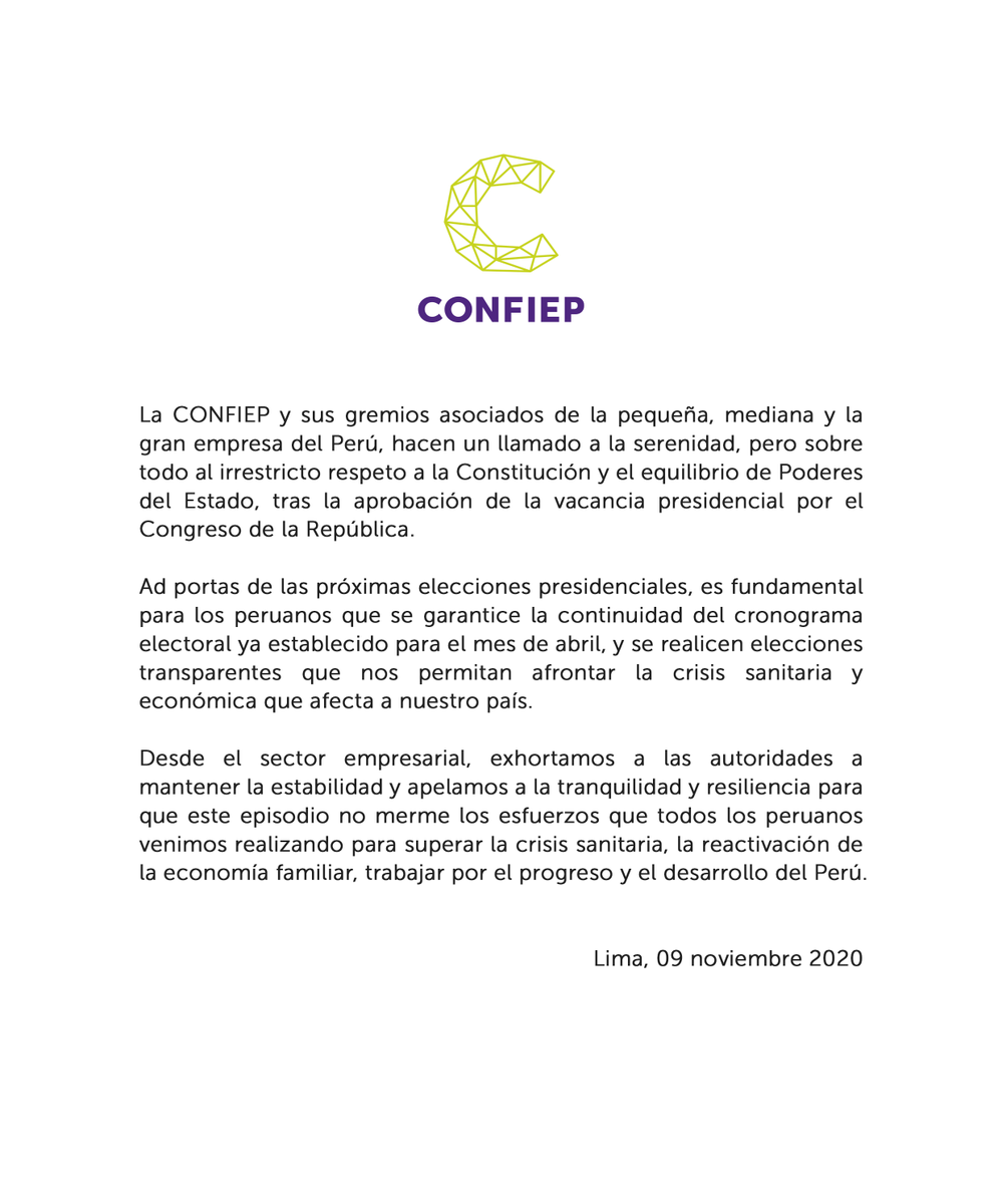 CONFIEP's tweet photo. #Comunicado Hacemos un llamado a la serenidad, pero sobre todo al irrestricto respeto a la Constitución y el equilibrio de Poderes del Estado, tras la aprobación de la vacancia presidencial por el Congreso de la República. ➡️ https://t.co/JjkTSYrKbm https://t.co/dF8yLUPiku