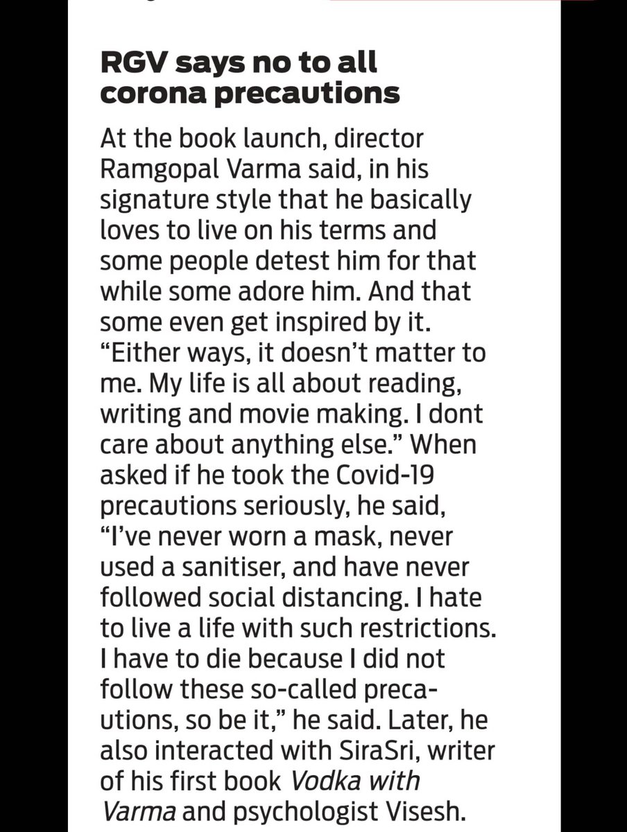 mkalanidhi's tweet photo. Will not use #mask. Will not use #sanitizer. will not follow #socialdistancing says @RGVzoomin at his book launch #VarmaManaKarma in #Hyderabad
#Covid19 #coronavirus #RGV #RGVFans @purijagan @NewIndianXpress
https://t.co/b83RuWpIVy https://t.co/7uf7cIqygg