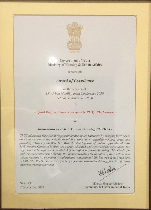 CRUT_BBSR's tweet photo. Delighted to share that #MoBus🚌 has won top award of the country for measures taken for safety of passengers against Covid.
The award by Union Ministry of Housing & Urban Affairs recofirms that performance of #Odisha in Covid management has been one of the best in the country. https://t.co/AzwjAaczQx