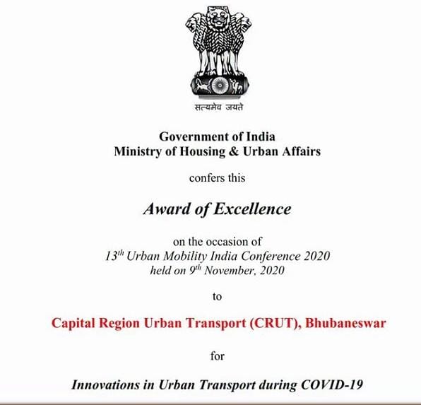 CRUT_BBSR's tweet photo. Delighted to share that #MoBus🚌 has won top award of the country for measures taken for safety of passengers against Covid.
The award by Union Ministry of Housing & Urban Affairs recofirms that performance of #Odisha in Covid management has been one of the best in the country. https://t.co/AzwjAaczQx