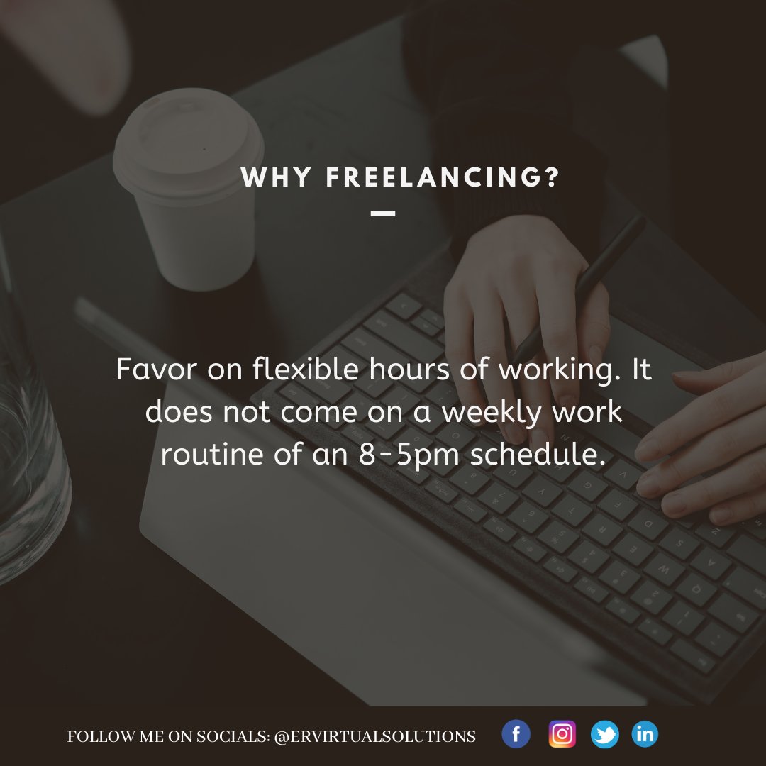 eliakemrevilva's tweet photo. Flexible working hours? You read that right. Freelancers can offer one flexible working hours. It can either be a 2-5 hour a day, evening sched, or anytime as the client permits. Amazing right? https://t.co/P1yqGovAsJ