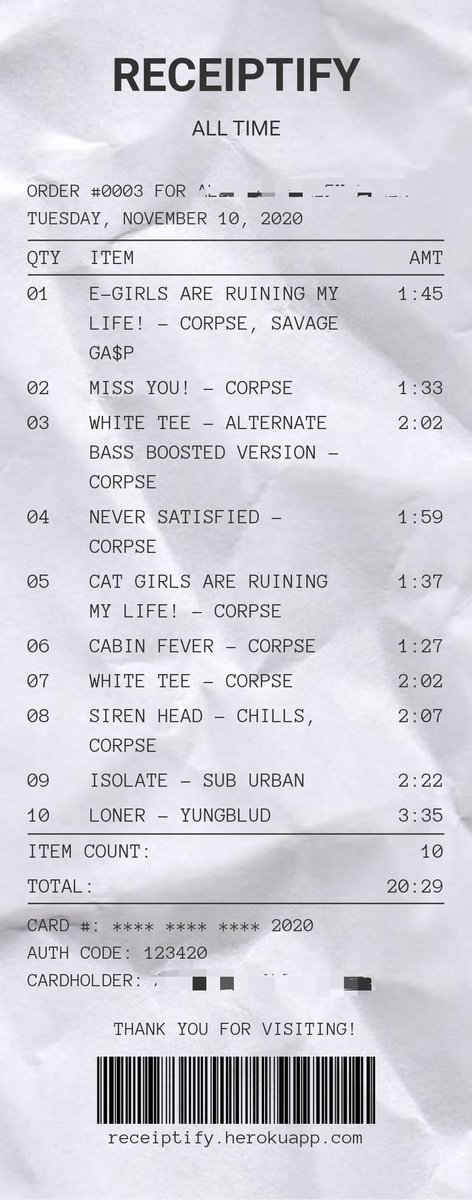 _NihilNovi_'s tweet photo. me, doing receiptify for all time, wondering what my top 10 songs are like it ain't gonna be Corpse dominated π€‘ #streamcorpse https://t.co/Ib9ezAtpYh