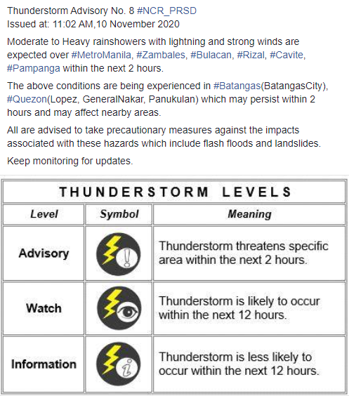 dost_pagasa's tweet photo. Thunderstorm Advisory No. 8 #NCR_PRSD
Issued at: 11:02 AM,10 November 2020 https://t.co/RVUjTHRPUq