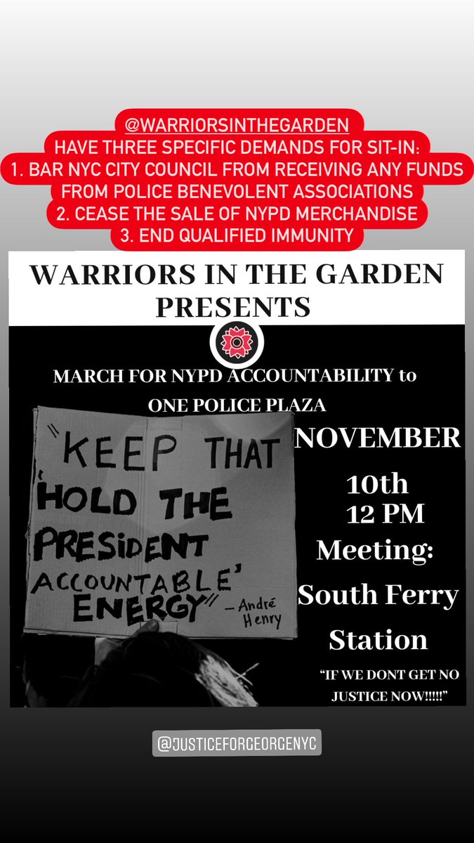 nycprotestcvrge's tweet image. @WarriorsITG presents three demands for tomorrow&apos;s sit-in: the banning of police lobbying, the sale of NYPD merchandise, and qualified immunity.
#nycprotestcoverage