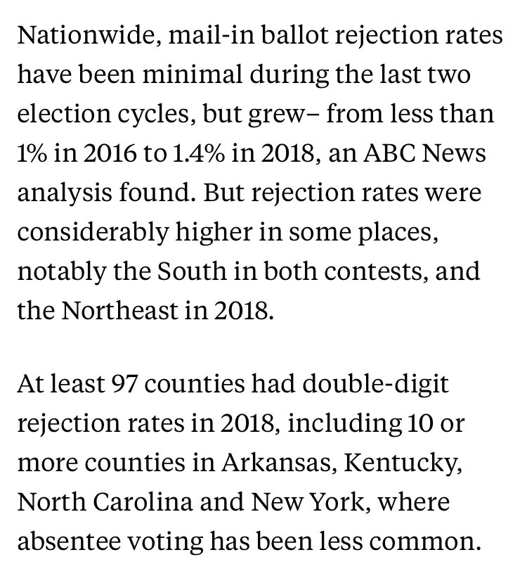In 2018, 1.8% mail in ballots were rejected because they were bad. In 97 counties, 10% or mroe were rejected. In some NY races it was above 20% (this year too).What’s the rejection rate this year in MI, PA, AZ, GA and WI? If it’s very low, they probably counted bad ones.