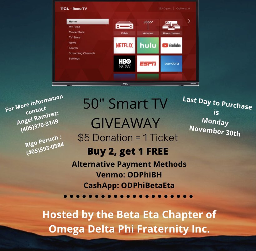 You know it’s that time of the year ‼️Have you been looking for a Smart TV for the holidays?😈 We are giving away a 50’ smart TV to a lucky knight supporter 🤩
Have any questions? Contact any brother of Omega Delta Phi or our fundraiser chair Angel Ramirez for more details!🙏🏻⚔️🛡