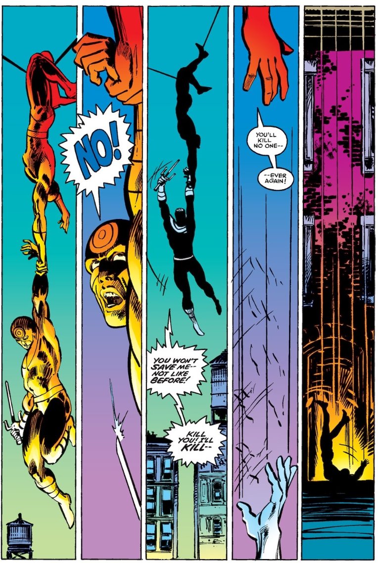 In issue #181 (April 1982), he attempts to murder Bullseye by throwing him off a tall building;Daredevil Vol 1 #181April, 1982by Frank Miller and Klaus Janson