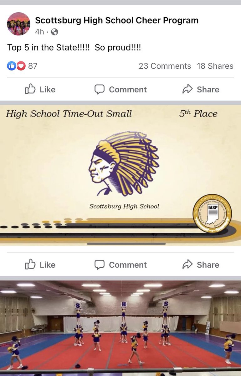 Congratulations <a href="/scottsburgcheer/">Scottsburg High School Cheerleading💜💛</a> Top 5 in the State!!! 💜💛🤸🏼‍♂️ We are proud of you!!! 🙌🏻