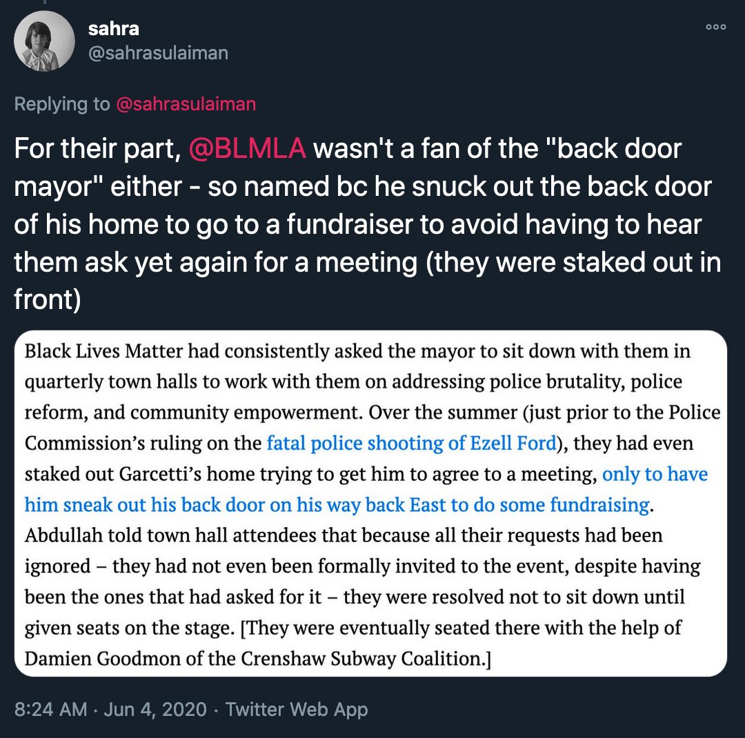 they called Garcetti the "back door mayor"  https://la.streetsblog.org/2015/10/21/south-l-a-town-hall-ends-in-protests-but-residents-hope-dialogue-with-mayor-is-just-beginning/