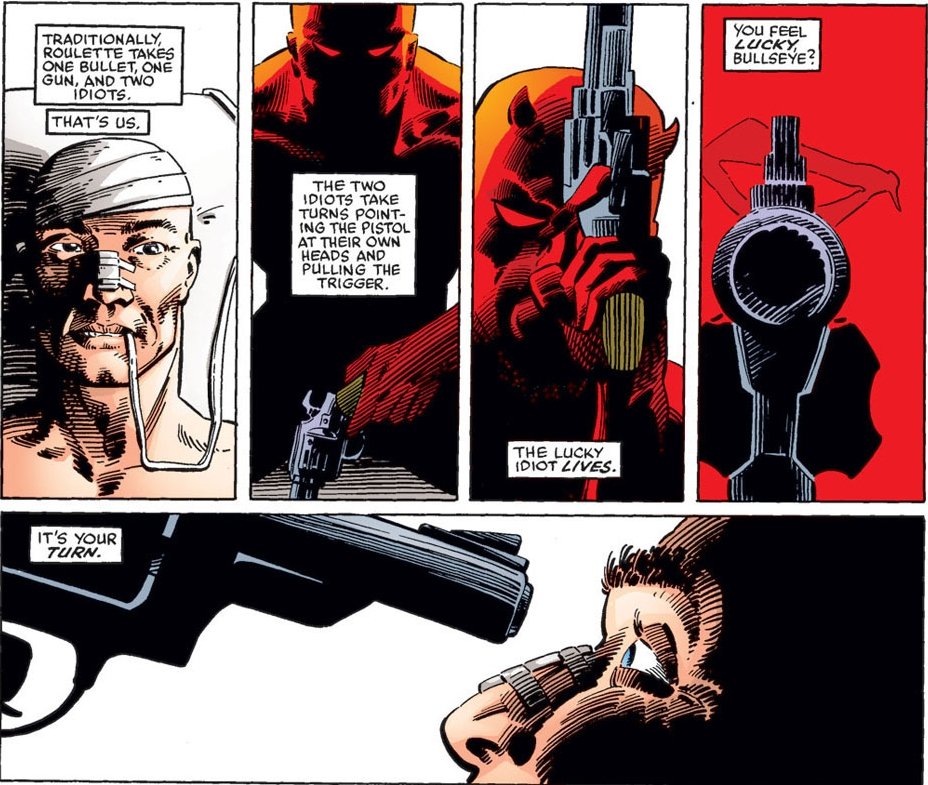 ...when the villain survives as a quadriplegic, he breaks into his hospital room and tries to scare him to death by playing a two-man variation on Russian roulette with a secretly unloaded gun.Daredevil Vol 1 #191February, 1983