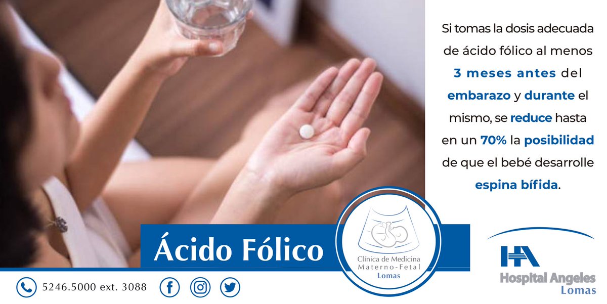 MatFetalAngeles's tweet photo. Especialistas consideran que si se toma la dosis adecuada de ácido fólico al menos 3 meses antes del embarazo y durante el mismo, se reduce hasta en un 70% la posibilidad de que el #bebé desarrolle #espinabífida.

Toma #ácidofólico antes y durante tu #embarazo https://t.co/VGtV0PKl4w